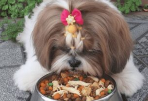 Shih Tzu com laço rosa comendo ração balanceada com frango e legumes, representando uma alimentação equilibrada e saudável para o Shih Tzu.