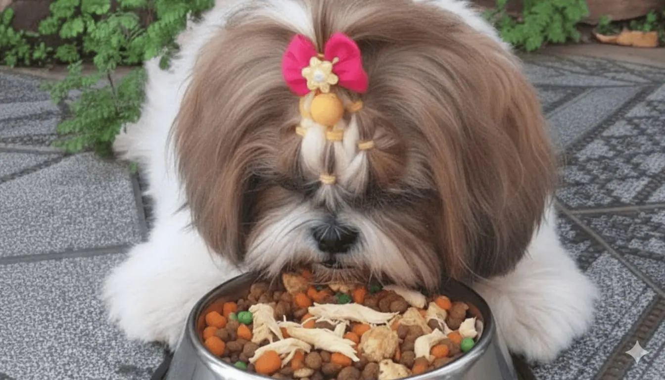 Alimentação do Shih Tzu: Da Ração à Dieta Natural 1 Shih Tzu com laço rosa comendo ração balanceada com frango e legumes, representando uma alimentação equilibrada e saudável para o Shih Tzu.