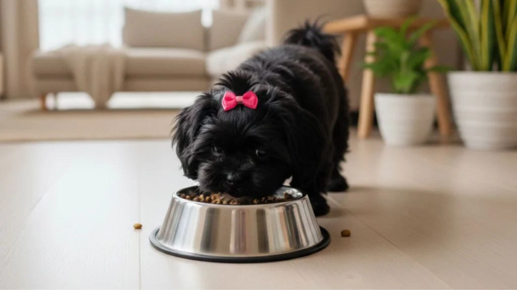 Alimentação do Shih Tzu: Da Ração à Dieta Natural 3 Shih Tzu preto com lacinho rosa se alimentando em tigela de ração, representando a alimentação do Shih Tzu.