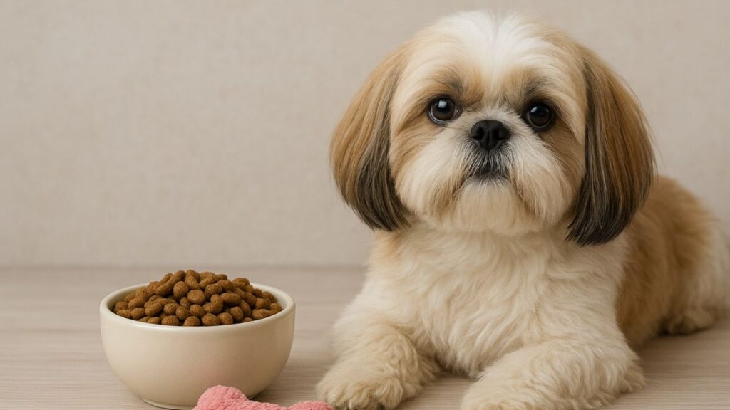 Shih Tzu deitado com pelagem clara, olhando para frente, ao lado de uma tigela de ração Super Premium e um osso. A imagem ilustra a qualidade dos produtos para Shih Tzu de alimentação.