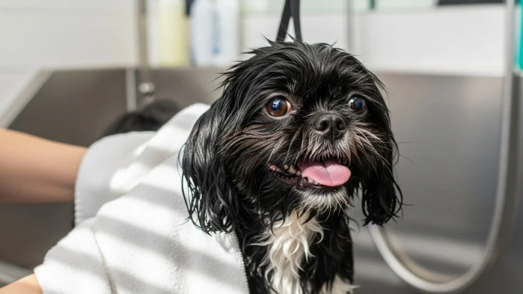 Shih Tzu preto molhado durante o banho em pet shop