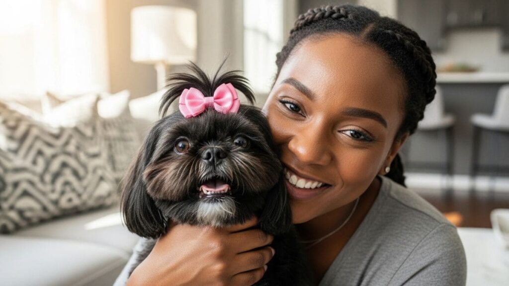 Shih Tzu Preto: Tudo Sobre Esta Variação Elegante e Encantadora 2 Tutora sorrindo e abraçando seu Shih Tzu preto com laço rosa em casa