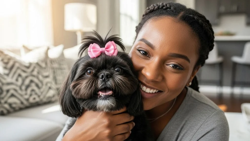 Tutora sorrindo e abraçando seu Shih Tzu preto com laço rosa em casa