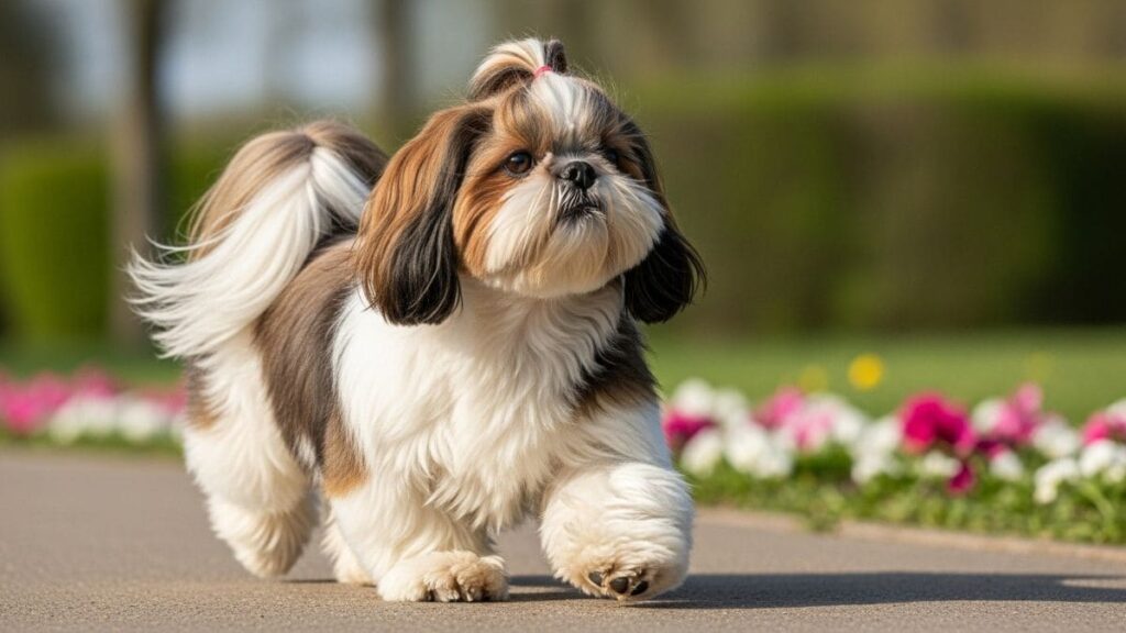 Shih Tzu tricolor com topete em movimento em um caminho florido, ilustrando a vitalidade e curiosidades sobre Shih Tzu.