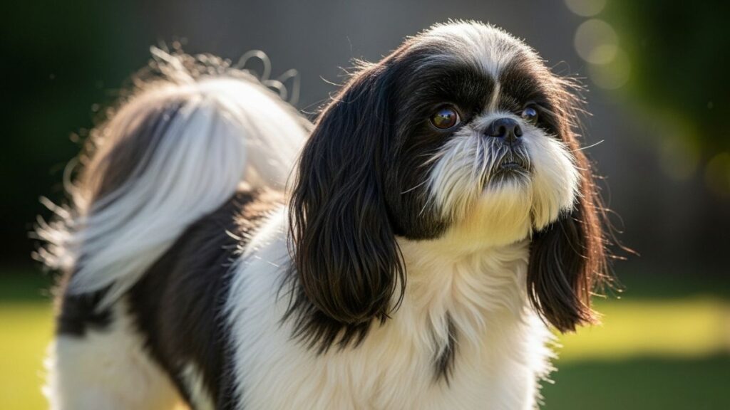 Shih Tzu bicolor com pelagem brilhante e cauda em riste, demonstrando a saúde e beleza resultantes de uma dieta nutritiva
