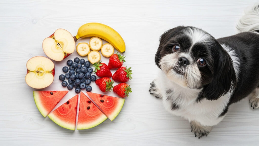Shih Tzu bicolor olhando para frutas como melancia, morango, mirtilo, banana e maçã, ilustrando as frutas que Shih Tzu Pode Comer