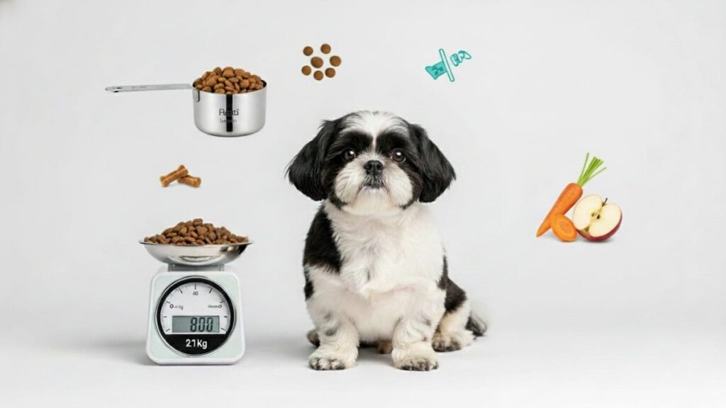Shih Tzu bicolor sentado ao lado de balança pesando ração, frutas e petiscos, ilustrando a porção e o equilíbrio na dieta do Shih Tzu