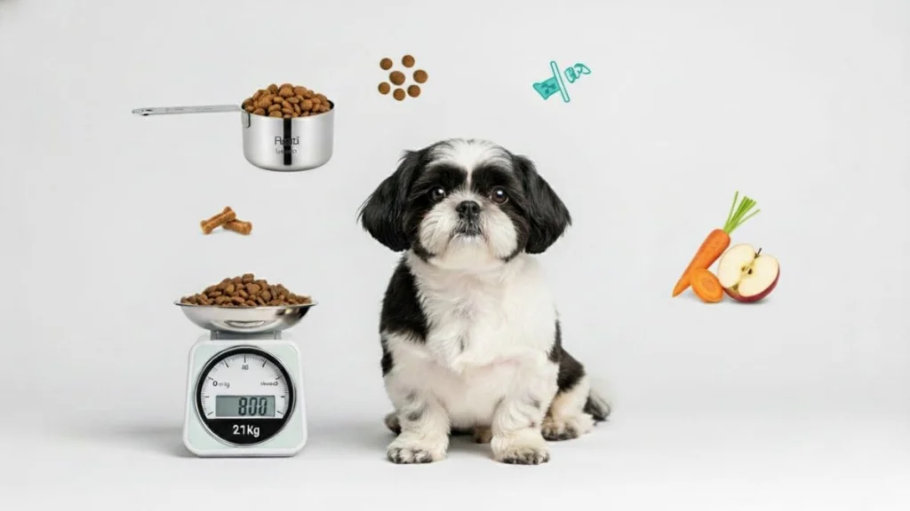 O que Shih Tzu Pode Comer? Lista Completa de Alimentos Permitidos e Proibidos 6 Shih Tzu bicolor sentado ao lado de balança pesando ração, frutas e petiscos, ilustrando a porção e o equilíbrio na dieta do Shih Tzu