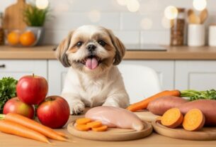 Shih Tzu sorrindo em bancada com maçãs, cenouras, batata doce e frango, ilustrando opções de O que Shih Tzu Pode Comer e alimentação natural