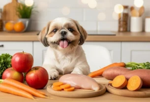Shih Tzu sorrindo em bancada com maçãs, cenouras, batata doce e frango, ilustrando opções de O que Shih Tzu Pode Comer e alimentação natural