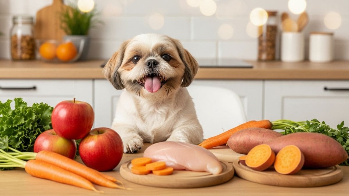 Shih Tzu sorrindo em bancada com maçãs, cenouras, batata doce e frango, ilustrando opções de O que Shih Tzu Pode Comer e alimentação natural
