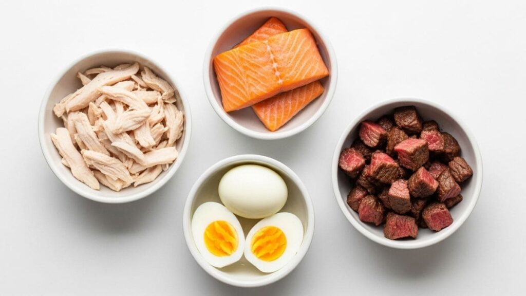 Proteínas seguras para cães: frango desfiado cozido, salmão, carne bovina em cubos e ovo cozido, ilustrando as proteínas que Shih Tzu Pode Comer