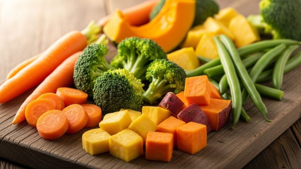 Vegetais e legumes frescos: cenoura, brócolis, abóbora, batata doce e vagem, ilustrando opções de O que Shih Tzu Pode Comer e petiscos saudáveis