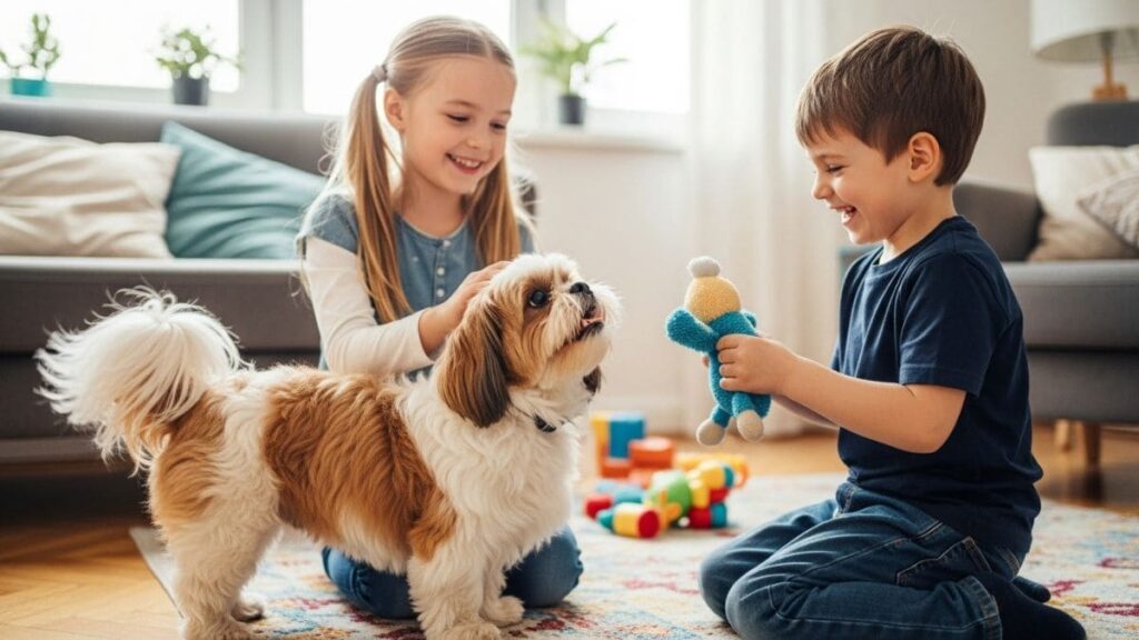 Duas crianças brincando com um Shih Tzu tricolor em uma sala de estar, mostrando a natureza amigável e as curiosidades sobre Shih Tzu.