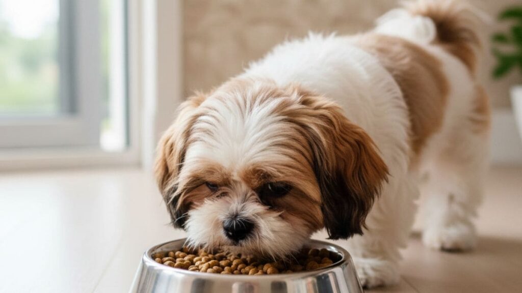 Alimentação do Shih Tzu sendo representada por um cão da raça comendo ração em um pote de aço inoxidável, ilustrando hábitos alimentares saudáveis e equilibrados.