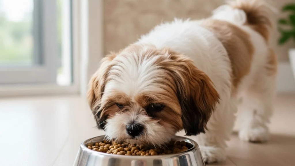 Alimentação do Shih Tzu: Da Ração à Dieta Natural 4 Alimentação do Shih Tzu sendo representada por um cão da raça comendo ração em um pote de aço inoxidável, ilustrando hábitos alimentares saudáveis e equilibrados.