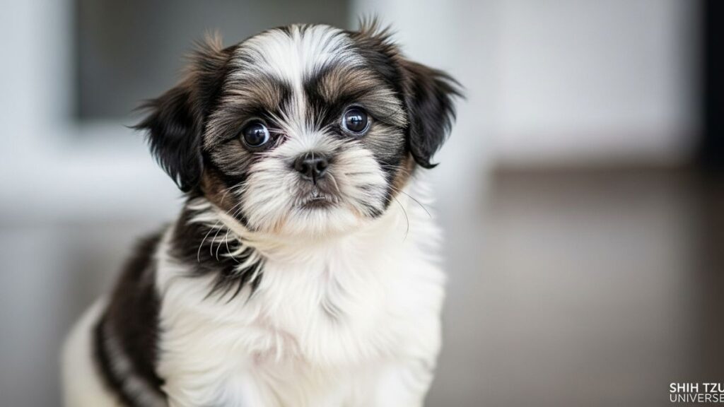 Filhote de Shih Tzu com pelos brancos e marrons olhando para a câmera, representando curiosidades sobre o Shih Tzu como sua aparência meiga e olhos expressivos