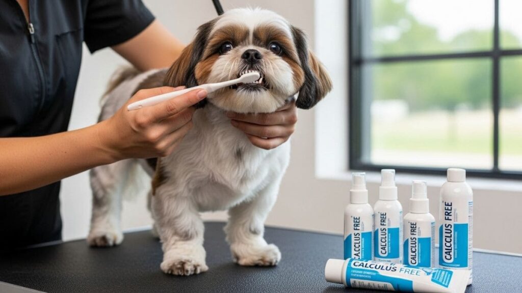 Shih Tzu sendo escovado os dentes por um tosador, rodeado por produtos para shih tzu de higiene bucal Calculus Free.