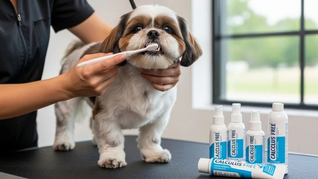 Produtos para Shih Tzu: Guia Completo para Escolher os Melhores Produtos em 2026 14 Shih Tzu sendo escovado os dentes por um tosador, rodeado por produtos para shih tzu de higiene bucal Calculus Free.