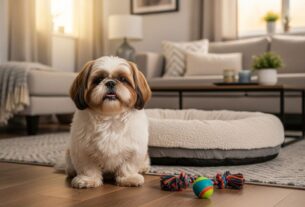 Shih Tzu tranquilo sozinho em casa após treinamento sobre como acostumar shih tzu a ficar sozinho