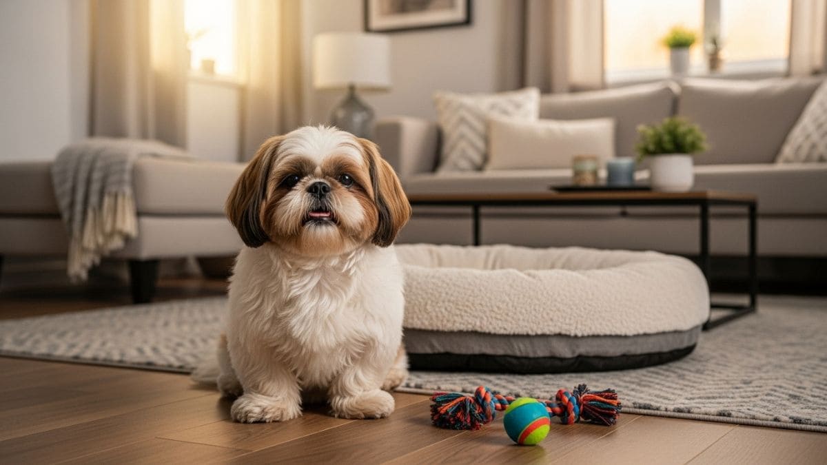 Shih Tzu tranquilo sozinho em casa após treinamento sobre como acostumar shih tzu a ficar sozinho
