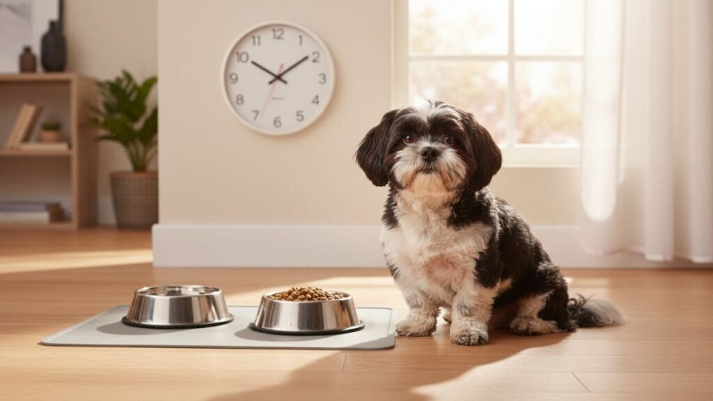 Shih Tzu bicolor sentado em frente a tigelas de comida e água com um relógio na parede, ilustrando a importância dos horários e rotinas na alimentação