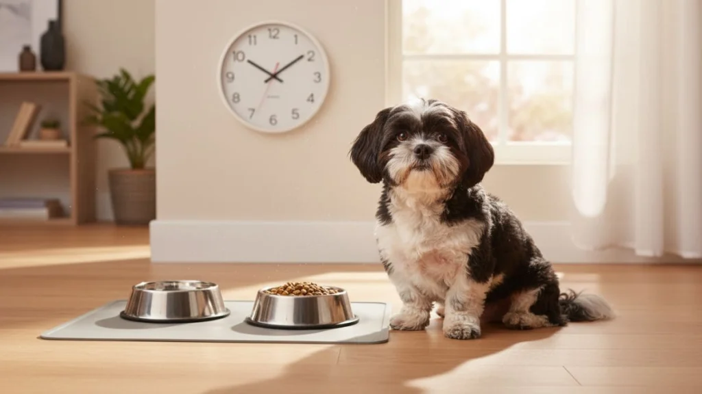 Alimentação do Shih Tzu: Da Ração à Dieta Natural 7 Shih Tzu bicolor sentado em frente a tigelas de comida e água com um relógio na parede, ilustrando a importância dos horários e rotinas na alimentação