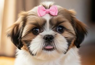 Filhote de Shih Tzu com laço rosa na cabeça, ilustrando curiosidades sobre o Shih Tzu e sua aparência fofa e charmosa.