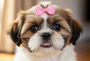 Filhote de Shih Tzu com laço rosa na cabeça, ilustrando curiosidades sobre o Shih Tzu e sua aparência fofa e charmosa.