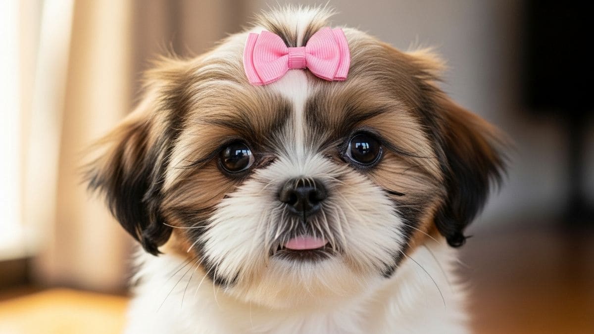 Filhote de Shih Tzu com laço rosa na cabeça, ilustrando curiosidades sobre o Shih Tzu e sua aparência fofa e charmosa.