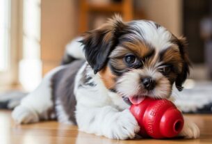 Shih Tzu filhote brincando calmamente com um brinquedo apropriado, aprendendo como fazer Shih Tzu parar de morder pessoas.