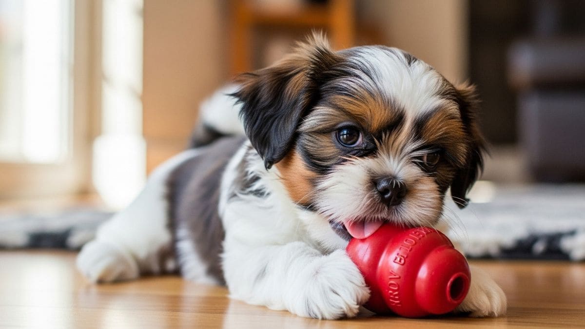 Shih Tzu filhote brincando calmamente com um brinquedo apropriado, aprendendo como fazer Shih Tzu parar de morder pessoas.