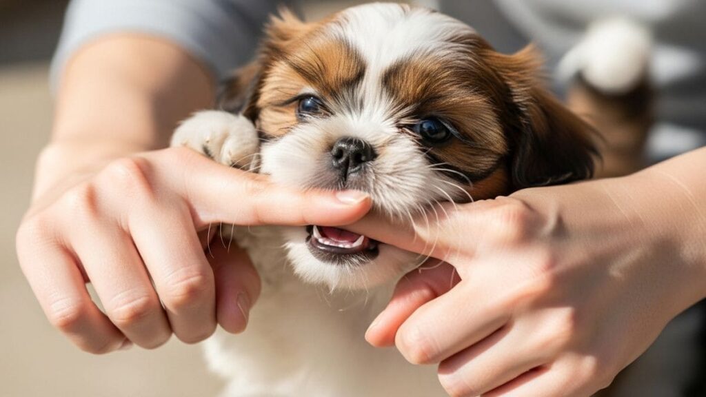 Como Fazer Shih Tzu Parar de Morder: Passo a Passo para Donos Responsáveis 2 Close-up da mão sendo mordida por Shih Tzu filhote no momento de interrupção com o "grito alto" para ensinar a inibição da mordida.