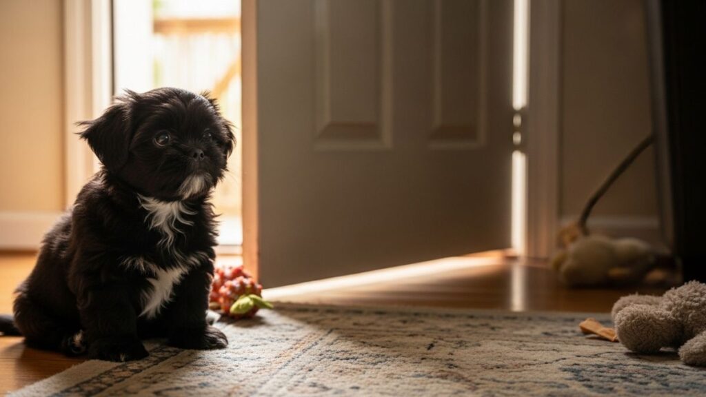 Como Fazer Shih Tzu Parar de Morder: Passo a Passo para Donos Responsáveis 3 Shih Tzu filhote no chão, observando o tutor sair (Tempo Limite) como consequência de morder, técnica para como fazer Shih Tzu parar de morder.