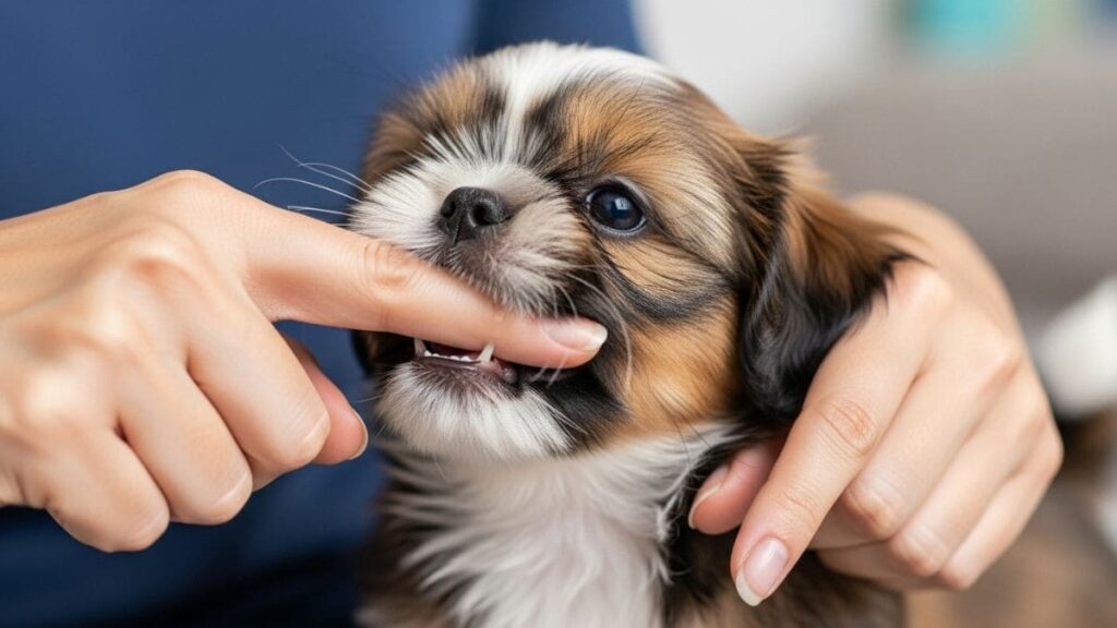 Como Fazer Shih Tzu Parar de Morder: Passo a Passo para Donos Responsáveis 6 Close-up da mão usando o "truque da mão mole" (empurrando suavemente) para fazer o filhote soltar a mordida.