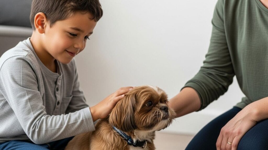 Como Fazer Shih Tzu Parar de Morder: Passo a Passo para Donos Responsáveis 7 Criança interagindo suavemente com Shih Tzu sob supervisão adulta, mostrando a educação para como fazer Shih Tzu parar de morder