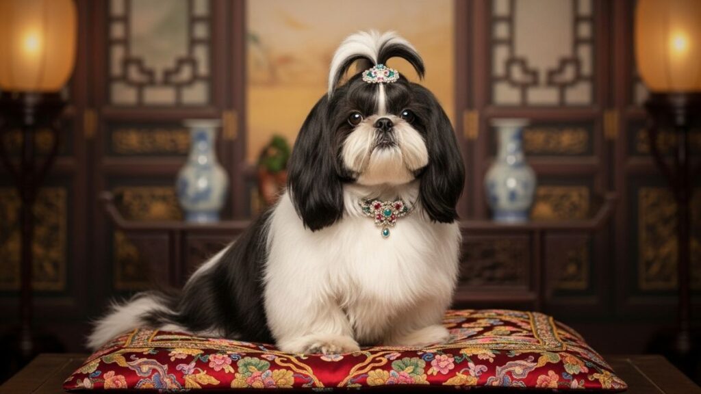 Shih Tzu majestoso com pelo preto e branco, joias e tiara, sentado em almofada oriental, refletindo curiosidades sobre Shih Tzu e sua origem imperial.