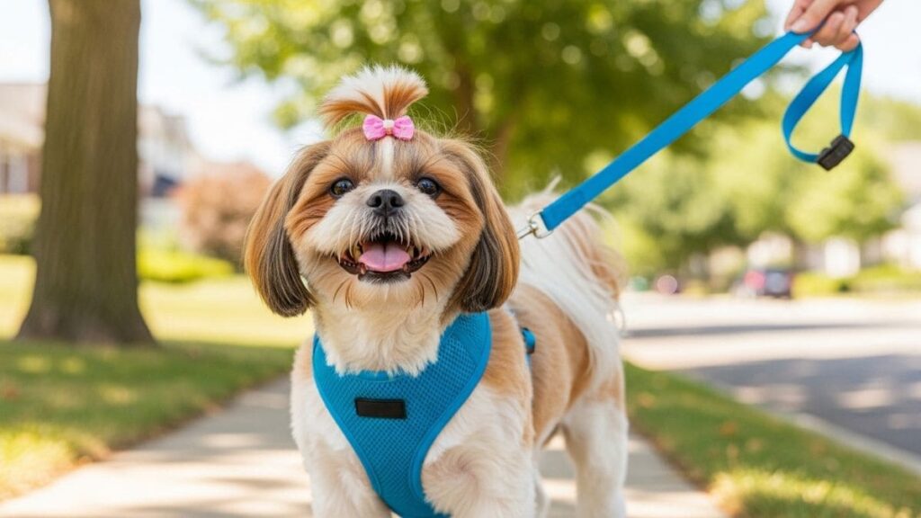 Shih Tzu alegre com peitoral azul e laço rosa, em um passeio na calçada com guia azul, destacando a necessidade de produtos para shih tzu.