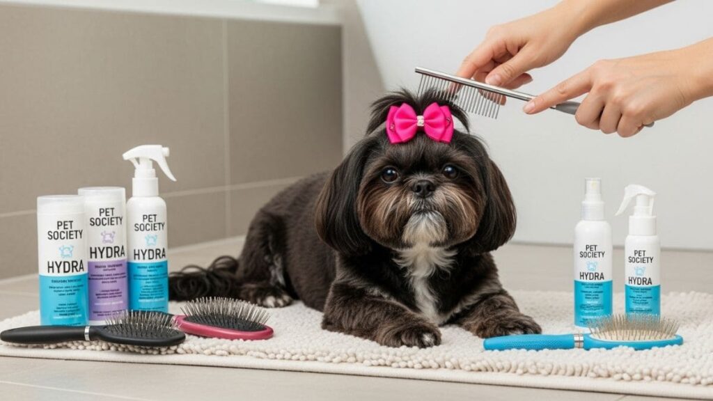 Shih Tzu preto com laço rosa sendo penteado, rodeado por produtos para shih tzu da Pet Society, incluindo shampoos e escovas.