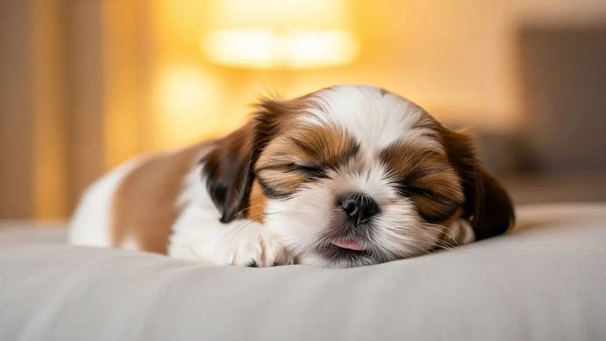 Shih Tzu ronca dormindo pacificamente em almofada macia com expressão tranquila