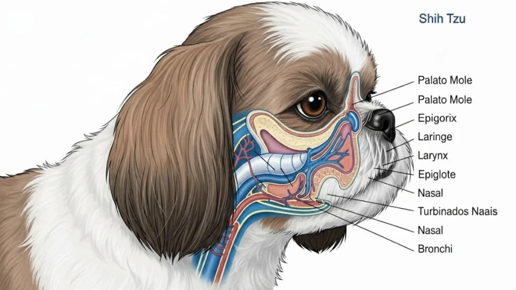 Ilustração educativa das vias aéreas do Shih Tzu explicando por que ronca