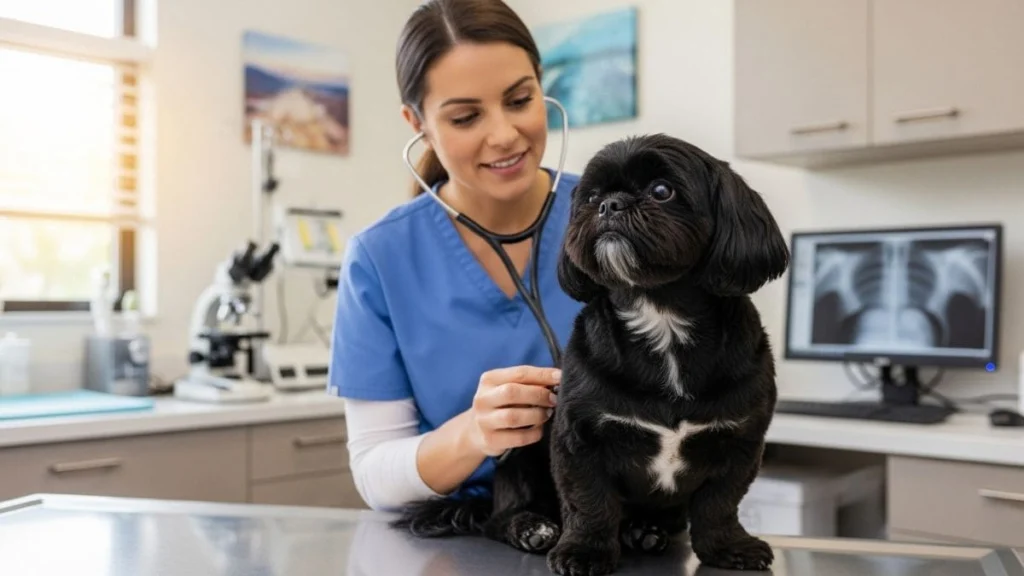 Veterinária avaliando Shih Tzu que ronca em consulta profissional na clínica