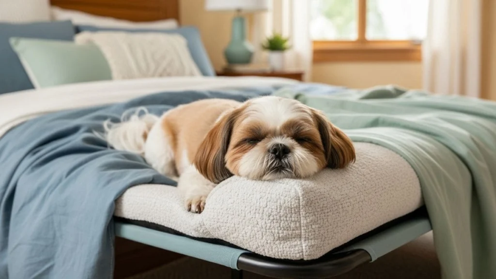 Shih Tzu descansando em cama ortopédica elevada que ajuda a reduzir ronco