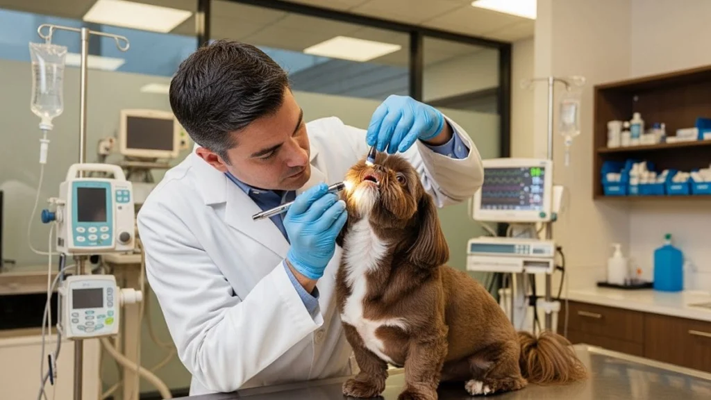 Veterinário examinando garganta de Shih Tzu para tratar ronco excessivo