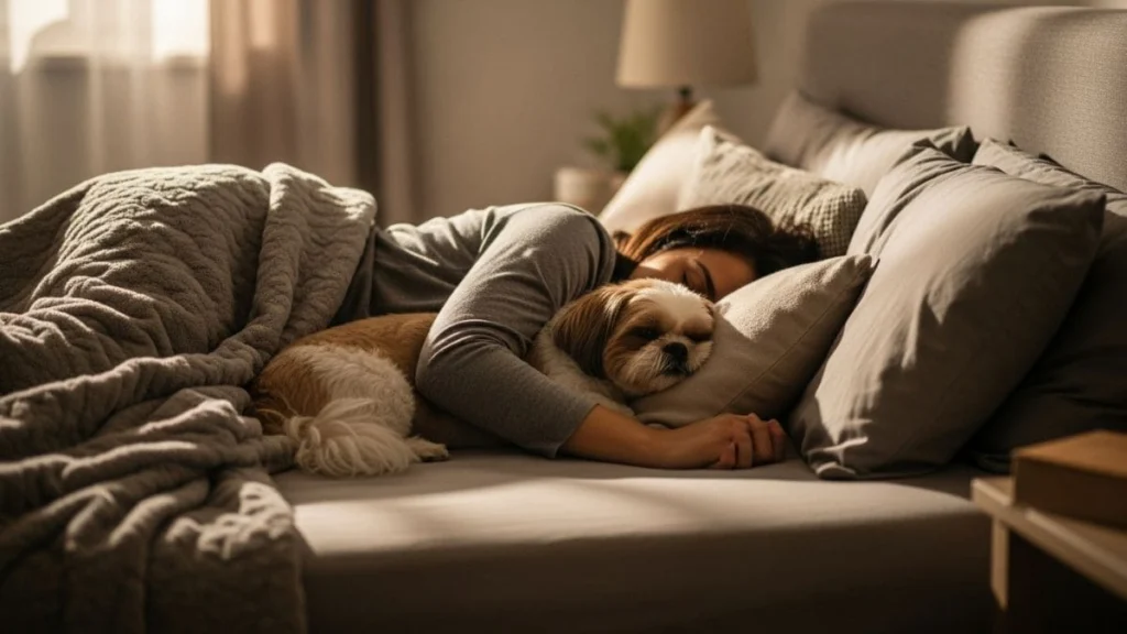 Tutor dormindo tranquilamente ao lado de Shih Tzu que ronca demonstrando convivência harmoniosa