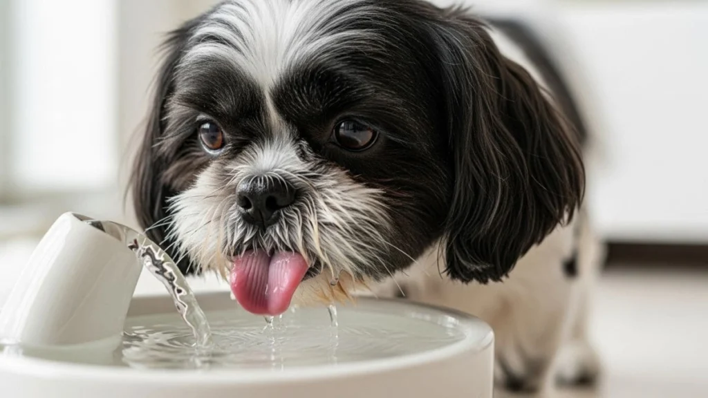 Alimentação do Shih Tzu: Da Ração à Dieta Natural 5 Shih Tzu bicolor bebendo água em bebedouro fonte, ilustrando a importância da hidratação na dieta do Shih Tzu
