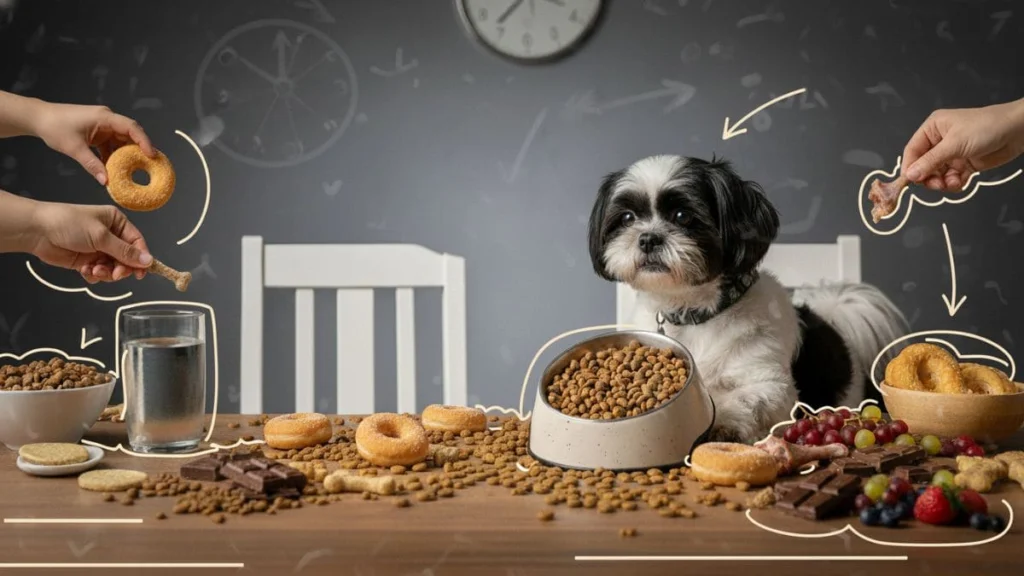 Alimentação do Shih Tzu: Da Ração à Dieta Natural 6 Shih Tzu em conflito de alimentos, cercado por ração segura e petiscos humanos perigosos (donuts, chocolate), ilustrando erros comuns na rotina alimentar