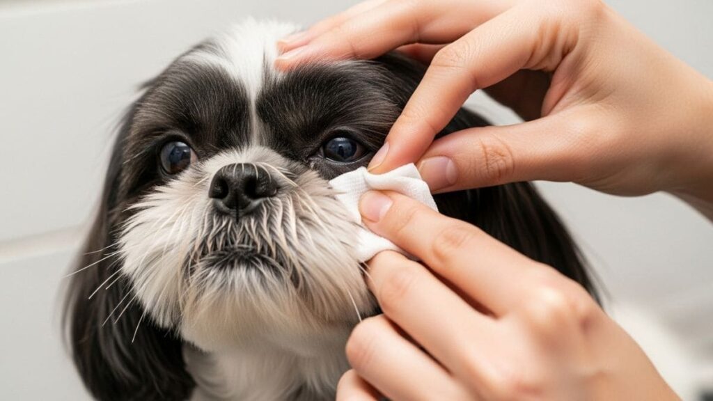 Tutor limpando delicadamente a área dos olhos de um Shih Tzu bicolor com gaze, essencial para eliminar manchas lacrimais no Shih Tzu.
