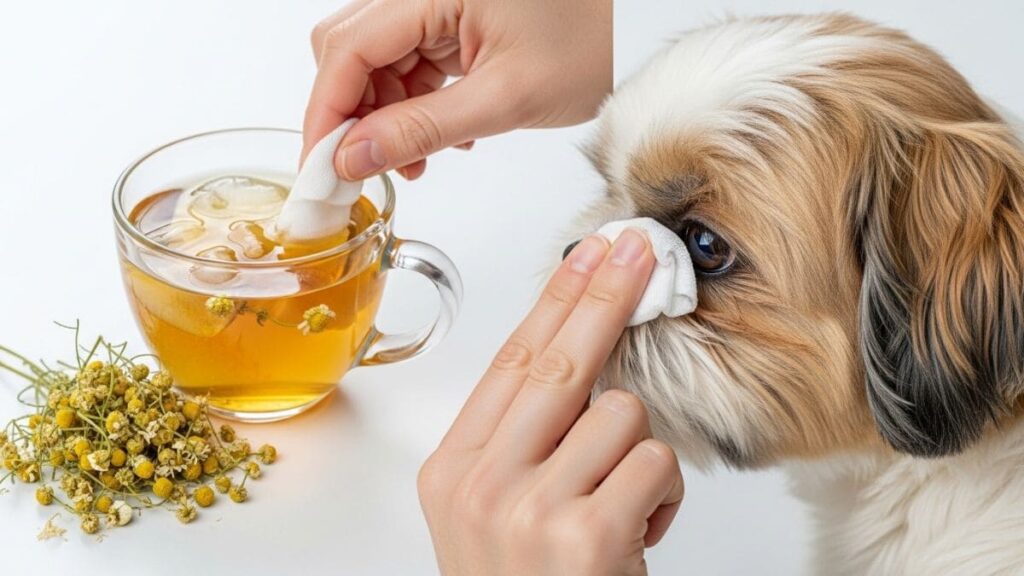 Chá de camomila frio sendo aplicado com gaze como solução natural para clarear as manchas lacrimais no Shih Tzu.