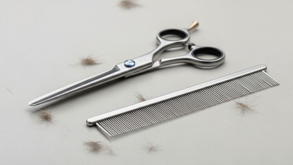 Ferramentas de segurança (tesoura de ponta arredondada e pente) para o aparo preventivo do pelo que causa manchas lacrimais no Shih Tzu